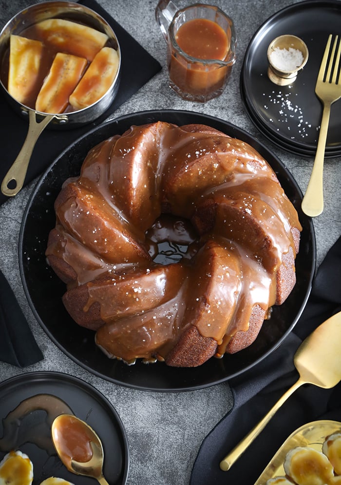 Banana Rum Bundt Cake with Caramel Glaze